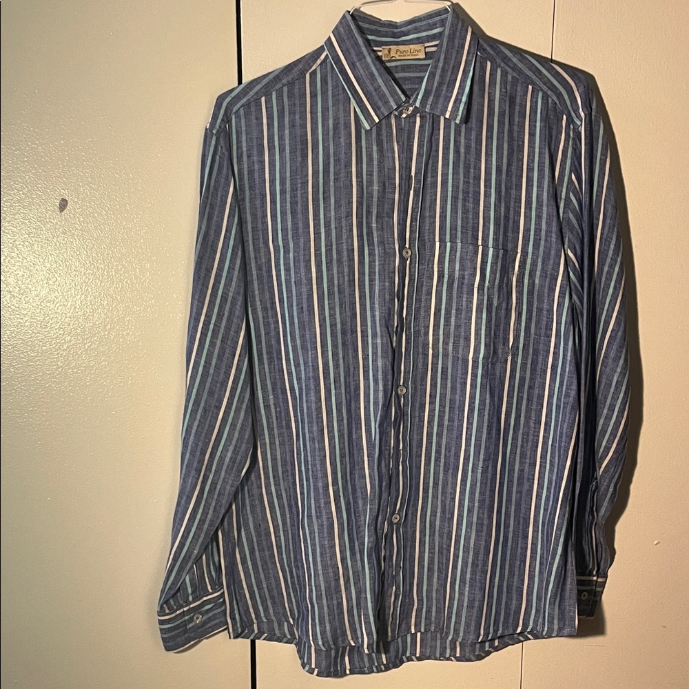 PURE LINO MADE IN ITALY Blue Striped Button-Down Shirt